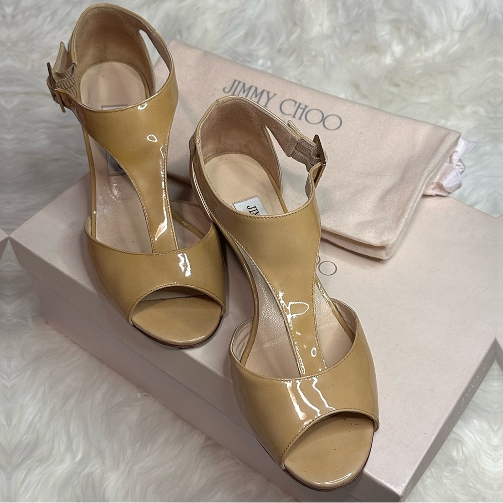 Jimmy Choo Patent Wedge Sandal with Dust Bag